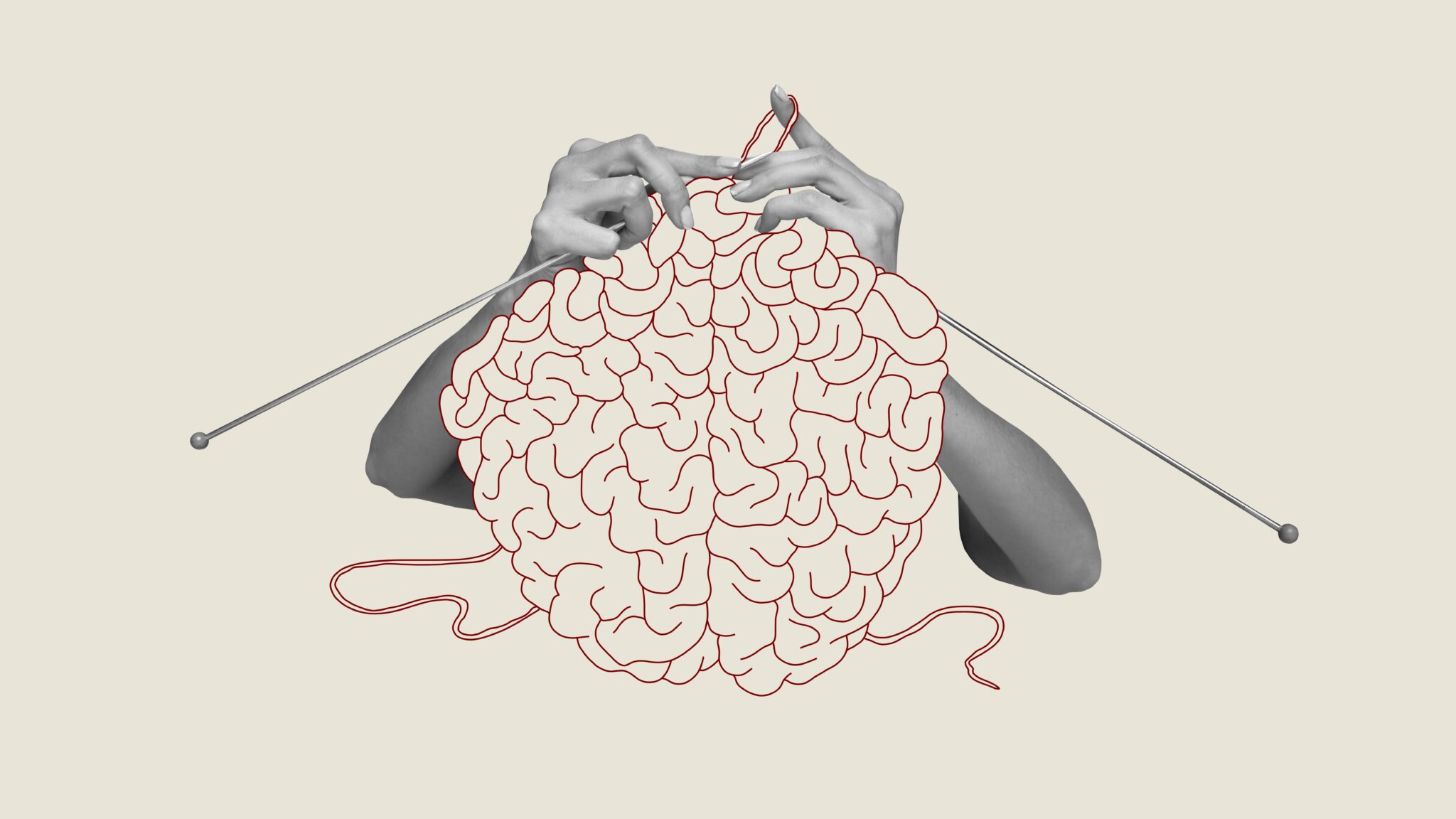 Contemporary art, human hands knitting brain