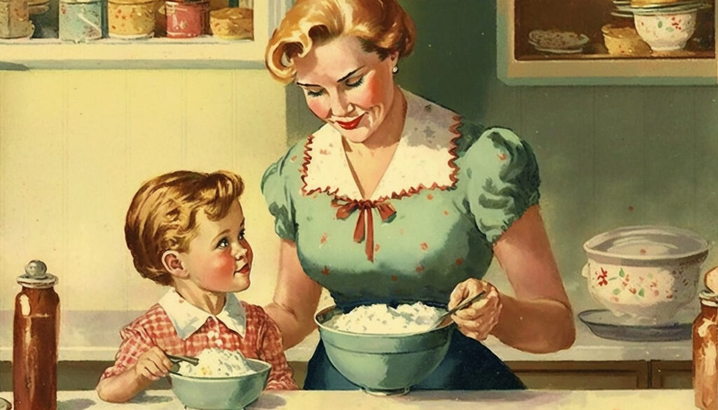 1950s kitchen scene. Happy mother and child cooking a meal. Vintage style illustration.