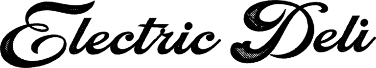Electric Deli Logo: "Electric Deli" spelled out in a black script retro font.